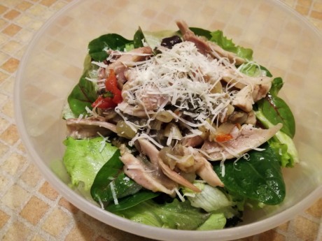 Shredded chicken with tomatoes, onion, fresh salad and Parmesan cheese