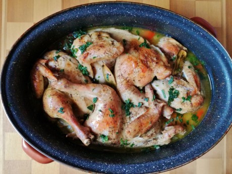 Chicken roasted in white wine...with onion, garlic, tomatoes and herbs